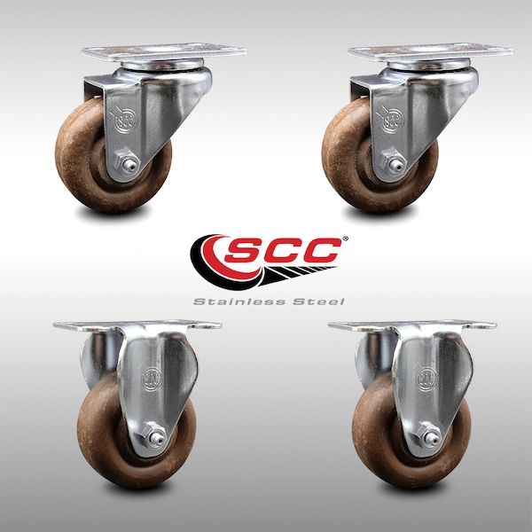 3 Inch SS High Temp Glass Filled Nylon Swivel Top Plate Caster Set with 2 Rigid